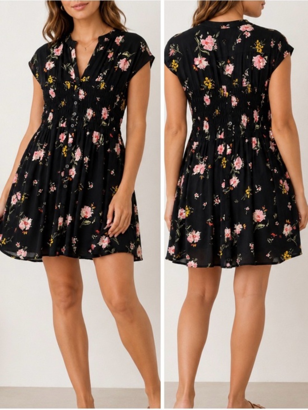 Free People Greatest Day Black Floral Smocked Boho Button Front Mini Dress